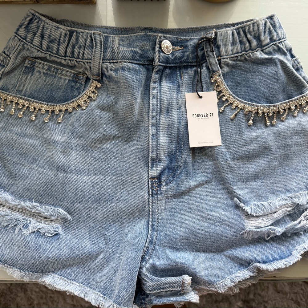 Forever 21 Blue Jean Shorts with Distressed Details